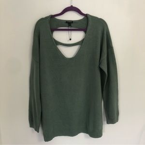 EXPRESS Green V-Neck Long Sleeve Pullover Knit Sweater L Shredded Open Back